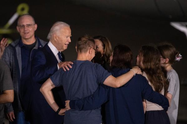 The trio was greeted in Maryland by President Joe Biden and Vice President Kamala Harris.