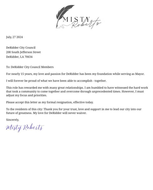 Roberts announced her resignation in a letter to the city council on July 27, 2024.