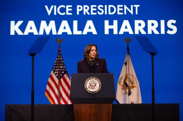 President Kamala Harris speaks at the American Federation of Teachers' 88th Natio<em></em>nal Co<em></em>nvention on July 25, 2024 in Houston, Texas. The American Federation of Teachers is the first labor unio<em></em>n to endorse Harris for president since announcing her campaign. 