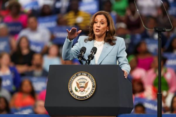 Vice President Kamala Harris speaks during a presidential campaign rally on Tuesday, July 30, 2024 at the Georgia State Co<em></em>nvocation Center in Atlanta, Ga.