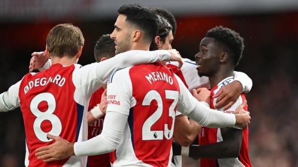 Arsenal players celebrate their opening goal at home to Nottingham Forest