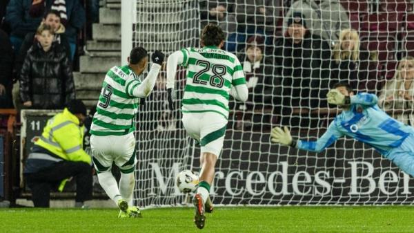 Celtic substitute Adam Idah scores from the penalty spot to make it 4-1 against Hearts